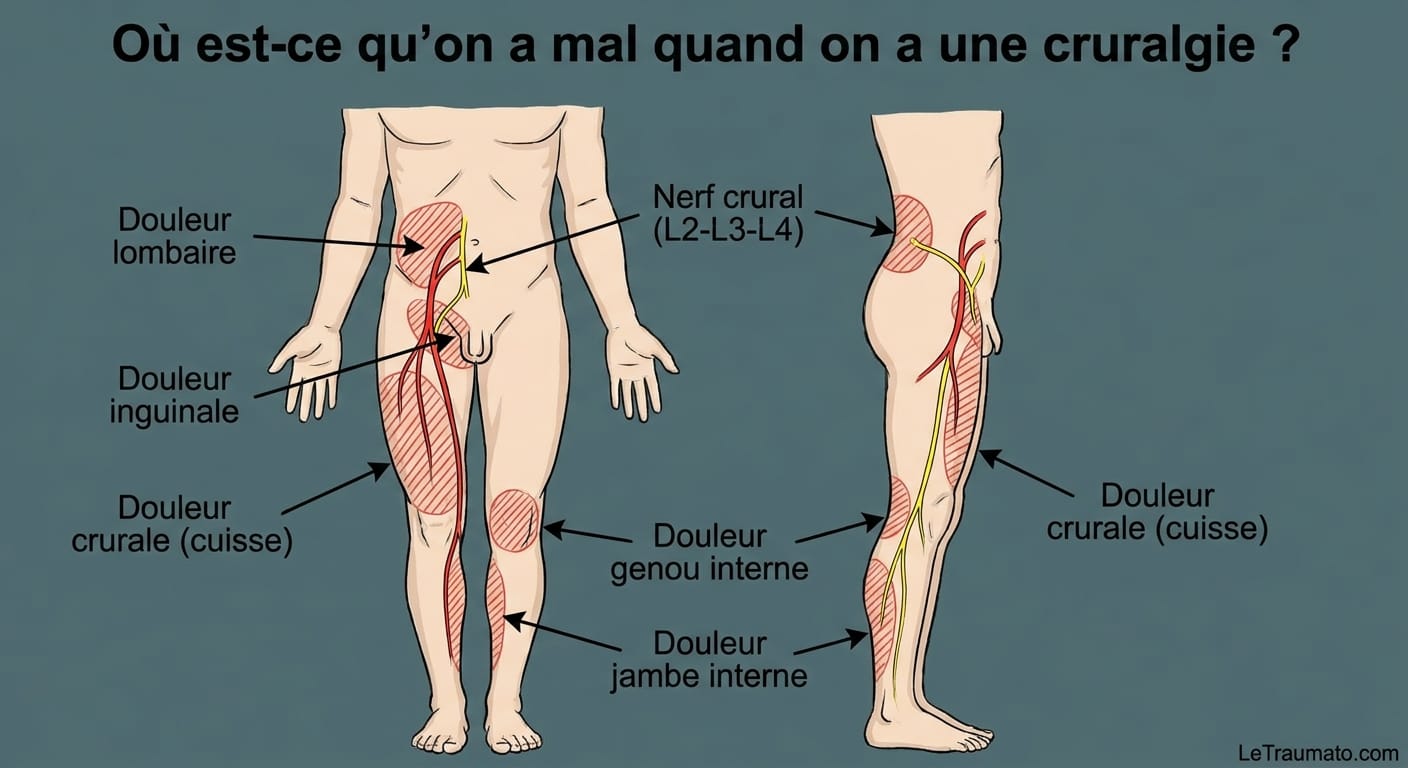 Image explicatif de: Où est-ce qu'on a mal quand on a une cruralgie ? et Douleur de la cuisse