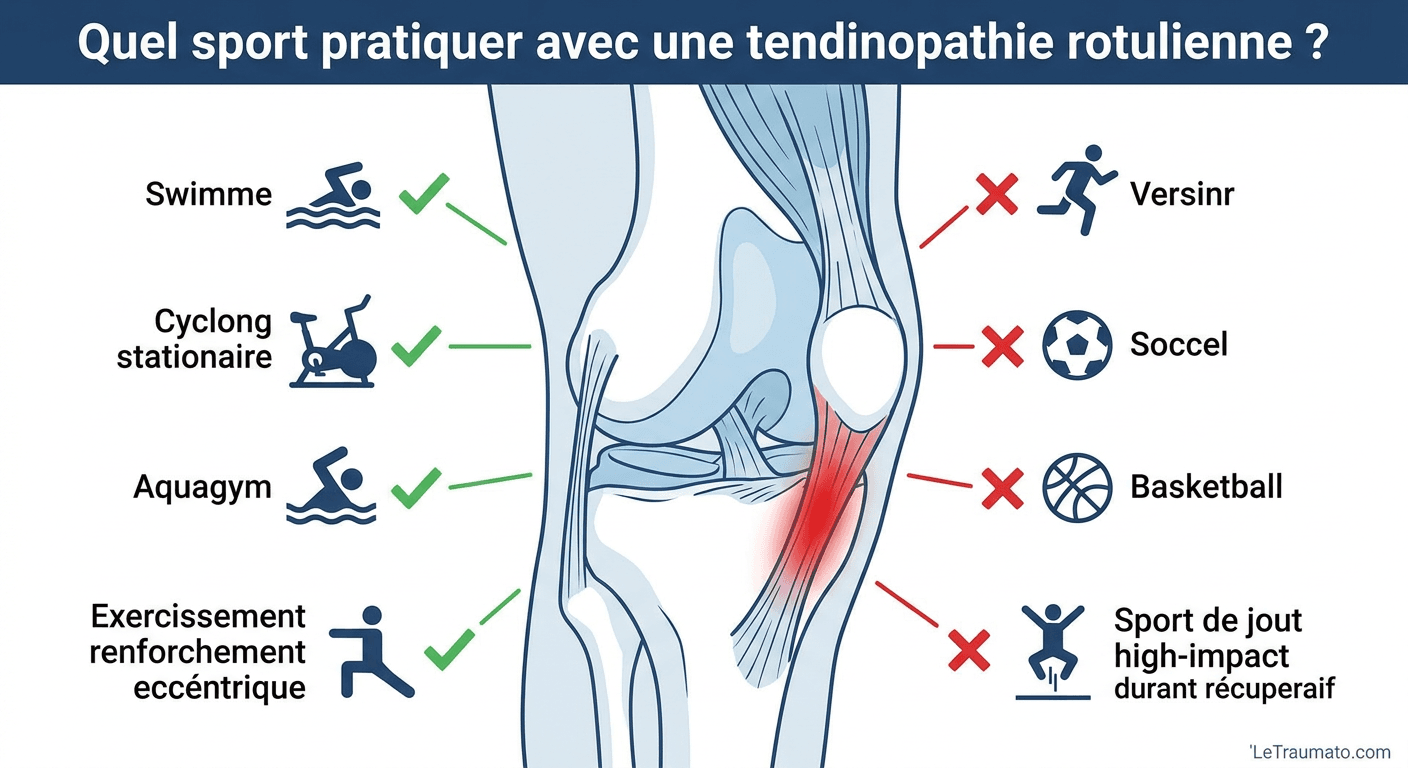 Image explicatif de: Quel sport pratiquer avec une tendinopathie rotulienne ? et Activité physique avec tendinopathie rotulienne