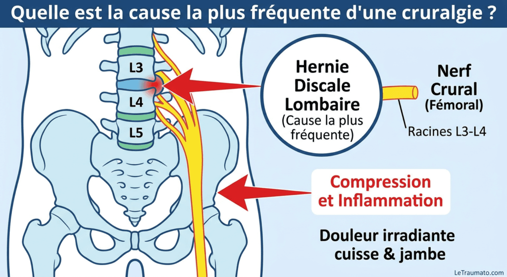 Image explicatif de: Quelle est la cause la plus fréquente d'une cruralgie ? et Quest-ce qui cause le plus souvent une cruralgie ?