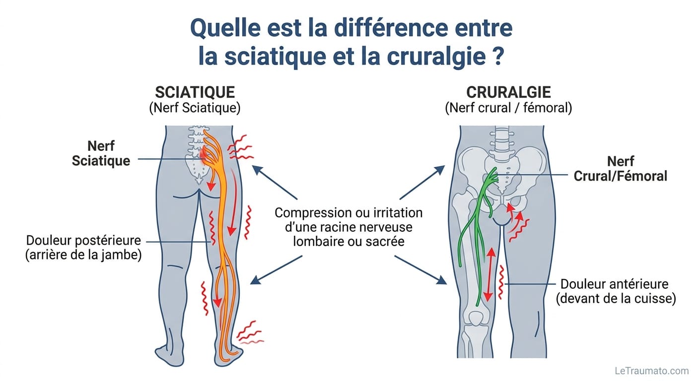 Image explicatif de: Quelle est la différence entre la sciatique et la cruralgie ? et Quelle est la distinction entre la sciatique et la névralgie fémorale ?