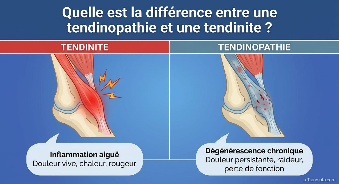 Image explicatif de: Quelle est la différence entre une tendinopathie et une tendinite ? et Tendinite vs tendinopathie