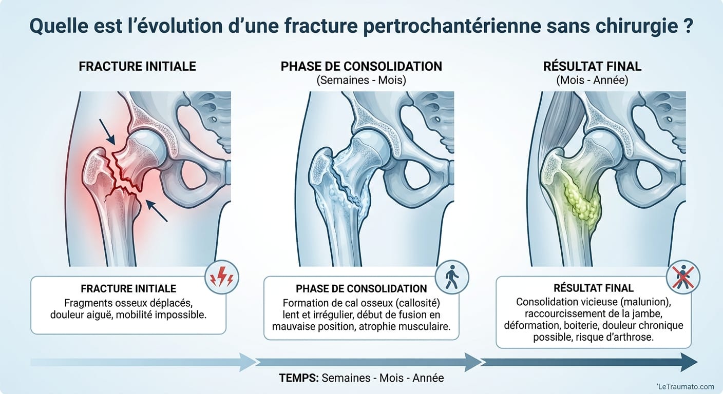 Image explicatif de: Quelle est l'évolution d'une fracture pertrochantérienne sans chirurgie ? et Évolution dune fracture du col fémoral sans opération