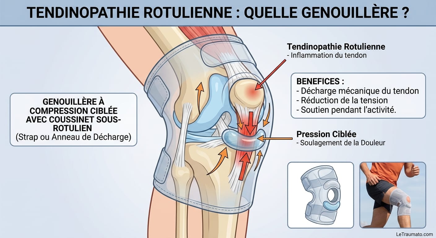 Image explicatif de: Quelle genouillère est recommandée pour la tendinopathie rotulienne ? et Genouillère pour tendinite