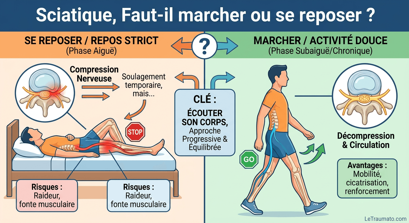 Image explicatif de: Sciatique, Faut-il marcher ou se reposer ? et Bouger ou se reposer ?