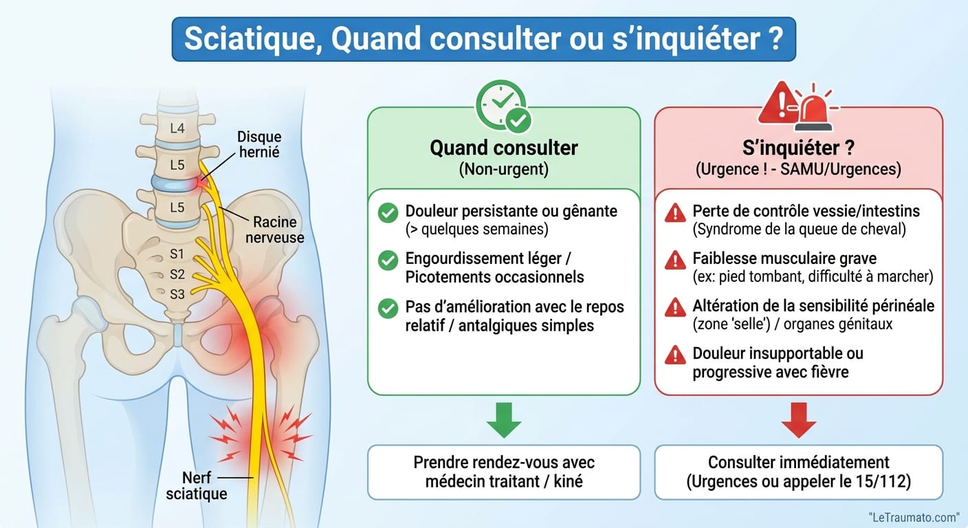 Image explicatif de: Sciatique, Quand consulter ou s'inquiéter ? et Douleur sciatique, quand sinquiéter ?