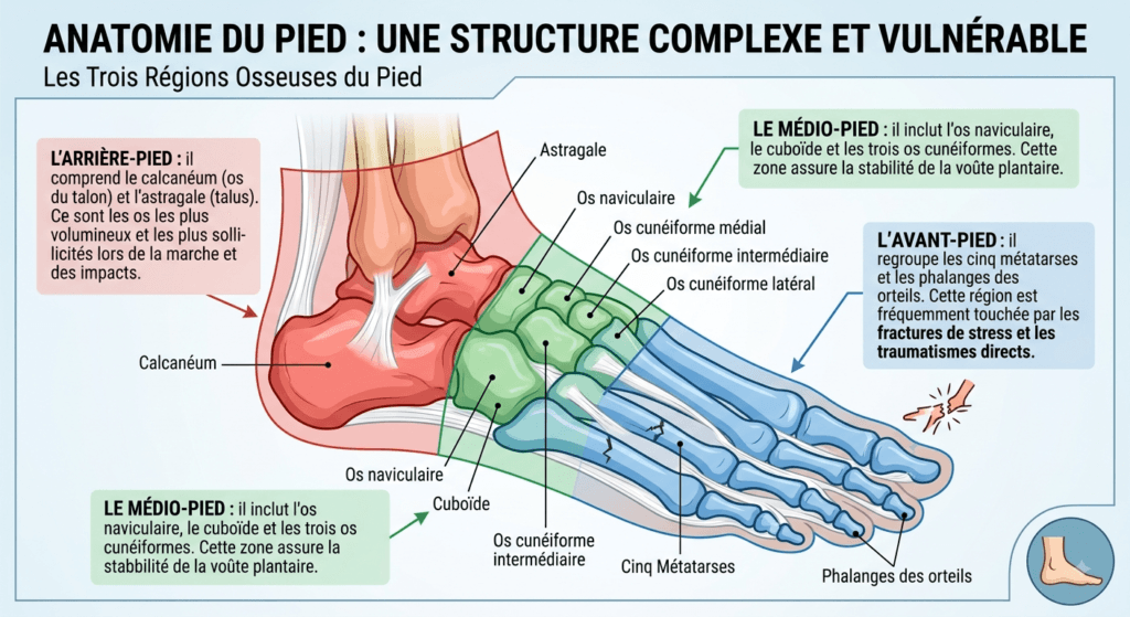 Shema medical illustrant les trois regions osseuses du pied : arriere-pied, medio-pied et avant-pied.