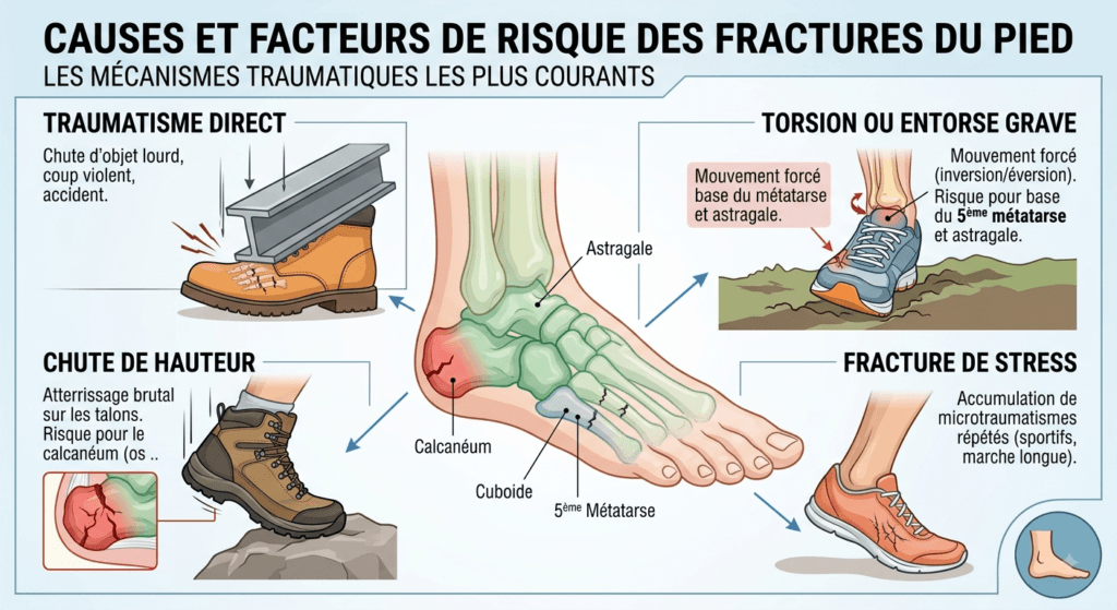 Illustration medicale des 4 mecanismes traumatiques causant une fracture du pied : traumatisme direct, torsion, chute de hauteur et fracture de stress.