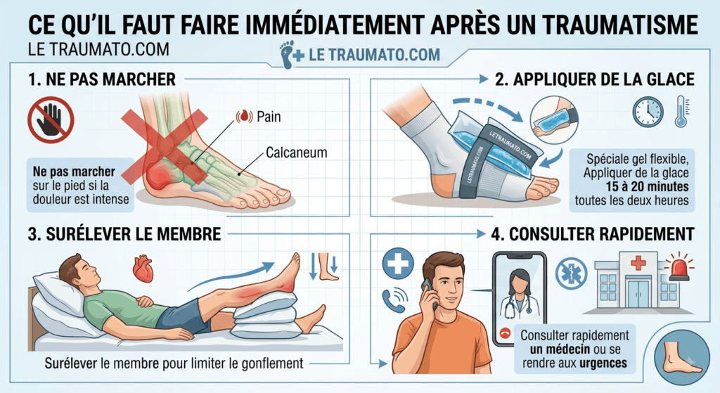 Infographie de LeTraumato.com détaillant les quatre gestes de premiers secours après un traumatisme au pied : 1. Ne pas marcher sur le pied douloureux, 2. Appliquer de la glace (froid), 3. Surélever le membre blessé, 4. Consulter un médecin rapidement.