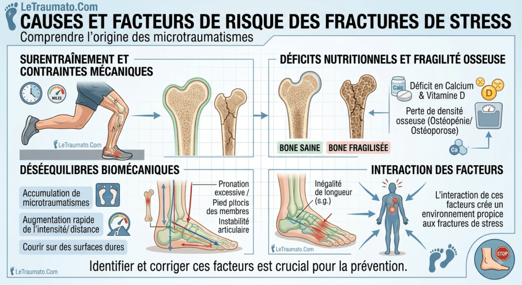 Infographie de LeTraumato.com expliquant les causes et facteurs de risque des fractures de stress : surentraînement et contraintes mécaniques, déficits nutritionnels et fragilité osseuse, et déséquilibres biomécaniques.