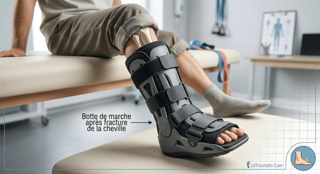 Image de LeTraumato.com montrant un patient portant une botte de marche orthopédique pour immobiliser sa cheville après une fracture. La botte est grise et noire avec des sangles. Un texte en français pointe vers la botte et dit "Botte de marche après fracture de la cheville". L'image se déroule dans une clinique de physiothérapie.