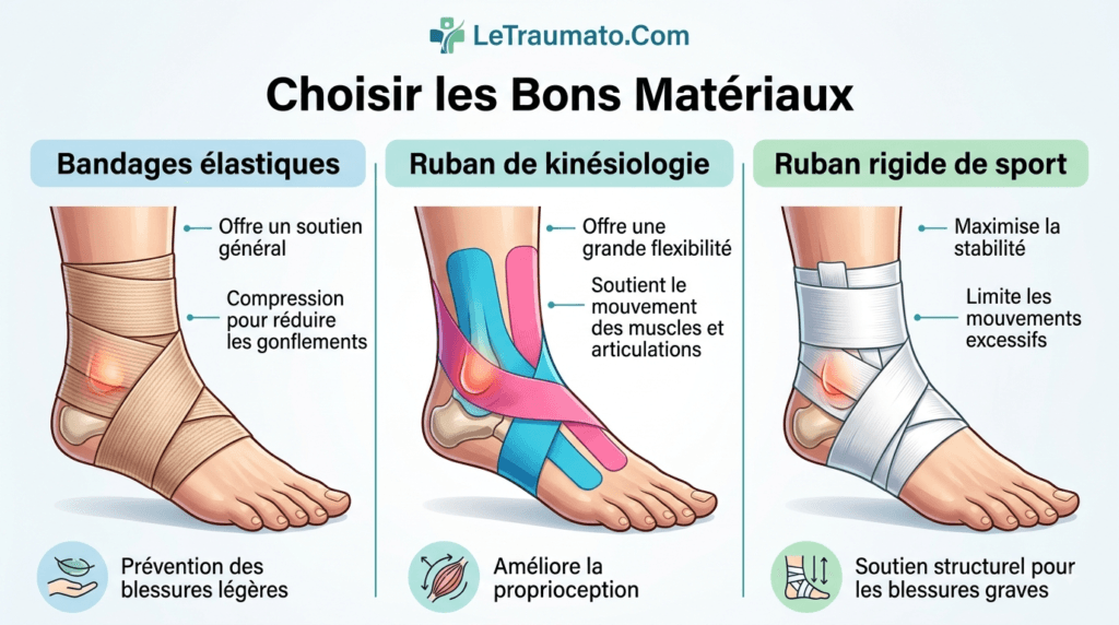 Infographie de LeTraumato.com comparant les matériaux de strapping pour la cheville : bandages élastiques (soutien général), ruban de kinésiologie (flexibilité) et ruban rigide de sport (stabilité maximale).