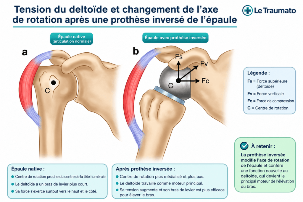Illustration montrant la tension du deltoïde et le changement de l’axe de rotation après une prothèse inversée de l’épaule