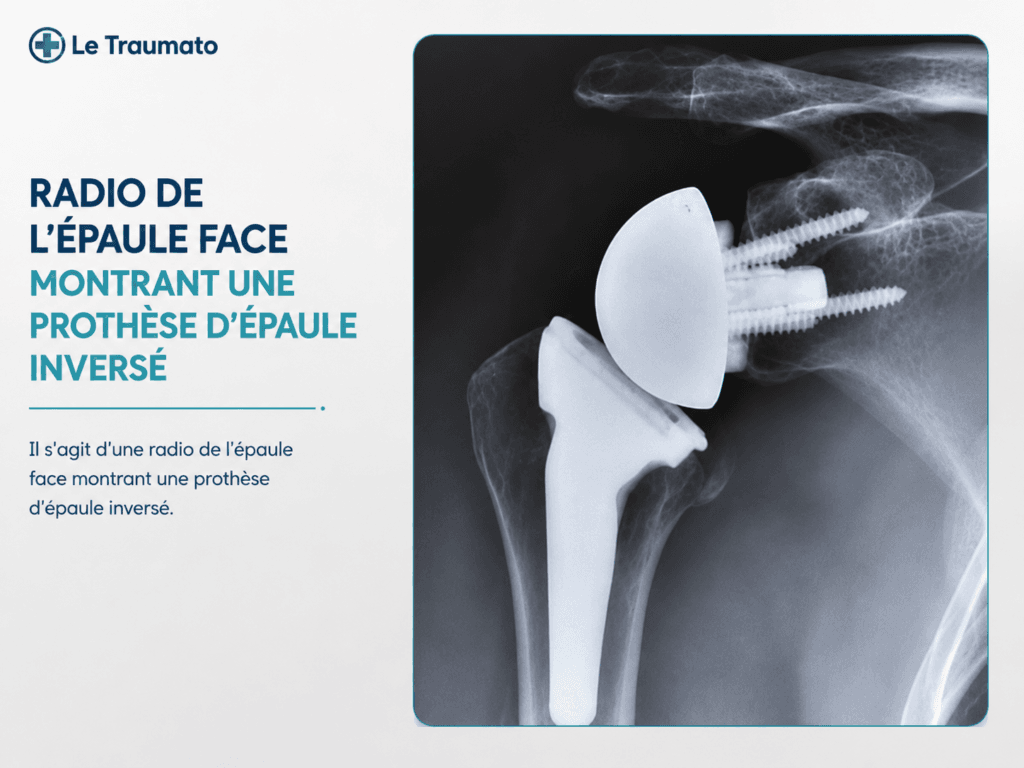 Radiographie de l’épaule de face montrant une prothèse d’épaule inversée avec glénosphère et tige humérale