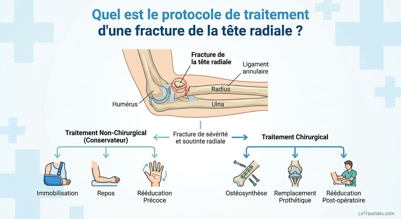 Image explicatif de: Quel est le protocole de traitement d'une fracture de la tête radiale ? et Traitement fracture du radius