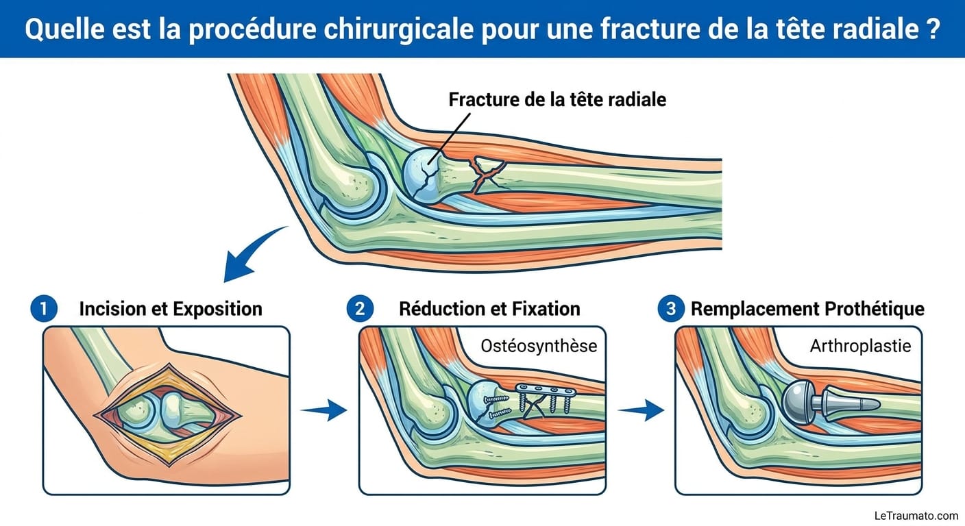Image explicatif de: Quelle est la procédure chirurgicale pour une fracture de la tête radiale ? et Opération fracture radius.