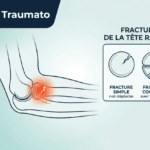 Schéma médical illustrant une fracture de la tête radiale au niveau de l'articulation du coude avec le logo Le Traumato.