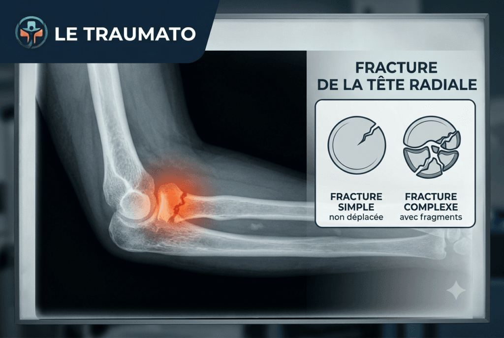 Radiographie du coude montrant une fracture de la tête radiale surlignée en rouge avec le logo Le Traumato.